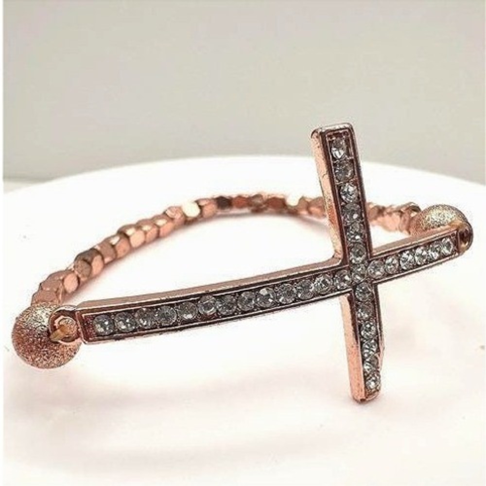 Vintage Y2K Rose Gold Tone Sideways Cross Bracelet Clear Rhinestone Beaded 90s